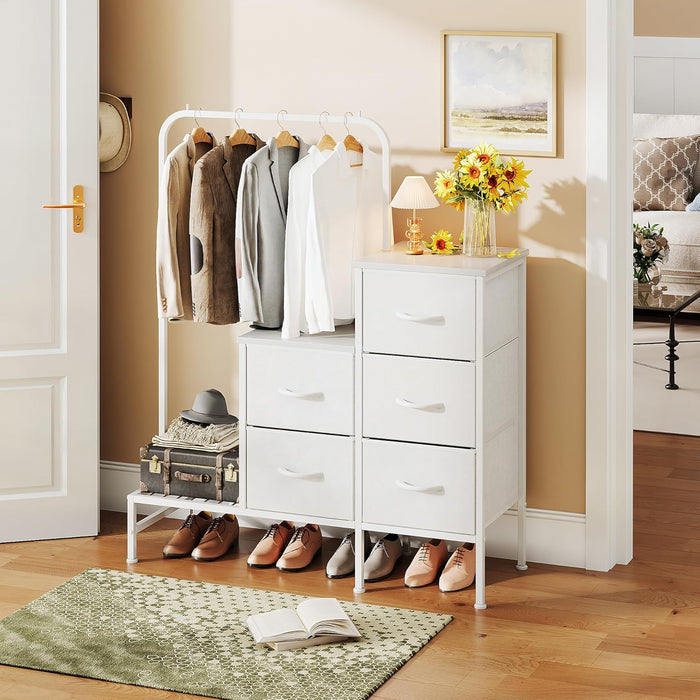 Dresser for Bedroom with Hanging Rack, 5 Drawers Dresser with Clothes Rack, Fabric Dressers & Chest of Drawers with PU Finish Storage Organizer, for Living Room Closet, White