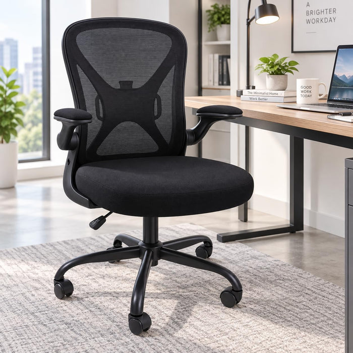 Ergonomic Office Chair with 90° Flip-Up Armrests and Adjustable Lumbar Support, Mid-Back Breathable Mesh Home Office Chair with 3.15” Thick Seat Cushion, 300Lbs Weight Capacity, 1PC, Black