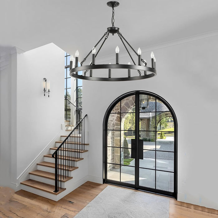 Black Wagon Wheel Chandelier 32Inch 12Light Industrial