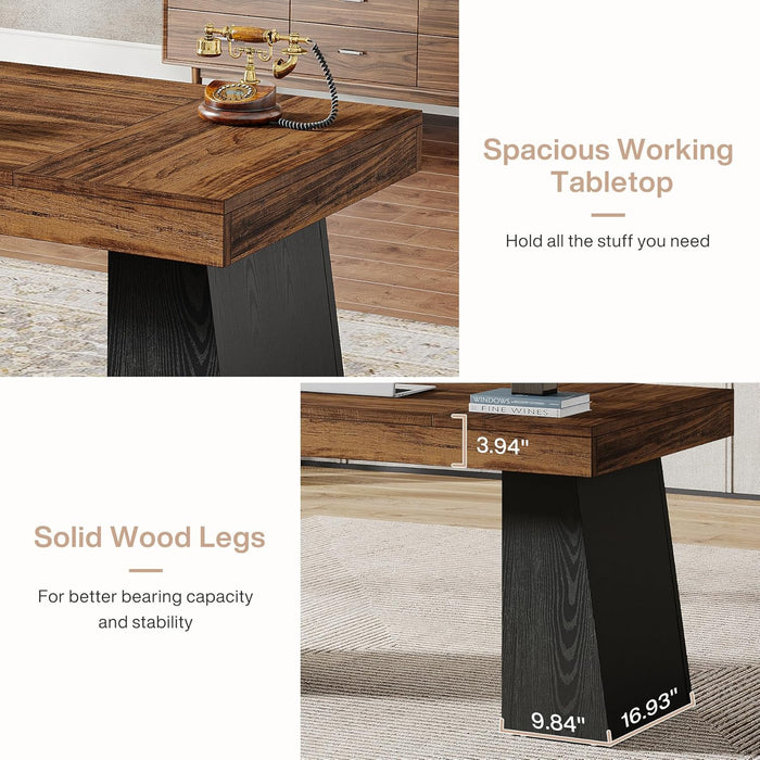 55 Inches Executive Desk, Mid-Century Modern Home Office Desk, Wood Computer Table Business Workstation Small Conference Table, Black & Brown