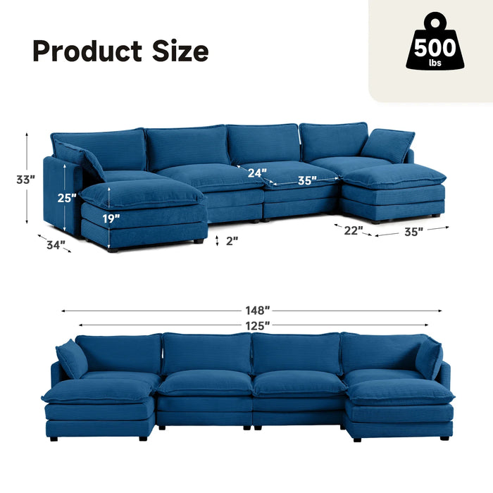 U-Shaped Sectional Sofa Set, Indoor Furniture Convertible Modular Corduroy Sectional Sofa Set with 2 Ottomans for Living Room, Navy