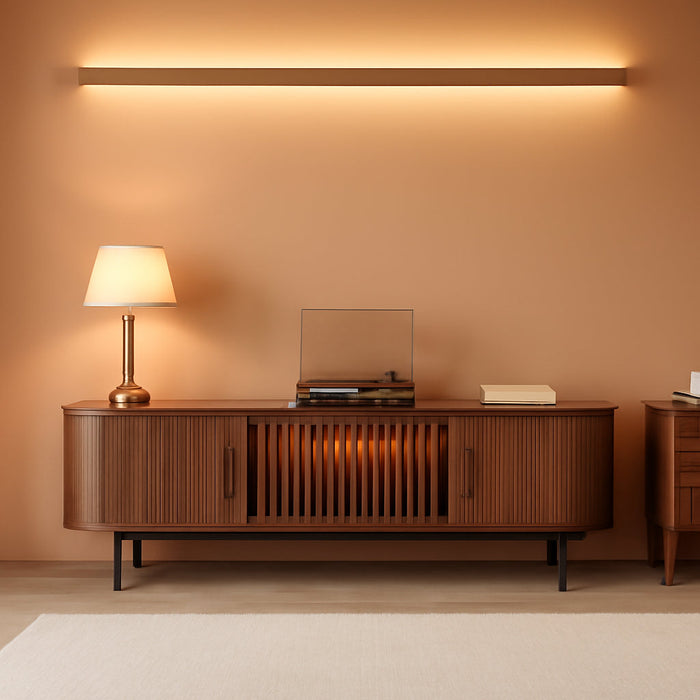 Fully-Assembled Mid Century Modern Black TV Stand with White Matte Travertine Stone Tabletop & LED Lights, Rolling Door Media Console, Wood TV Console for Living Room