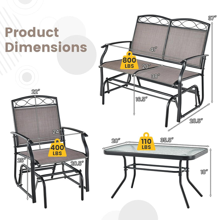 4 Pcs Patio Glider Set, Outdoor Gliding Loveseat W/Tempered Glass Coffee Table, Heavy-Duty Patio Furniture Set for Backyard, Porch, Poolside (4 PCS Patio Glider Set)