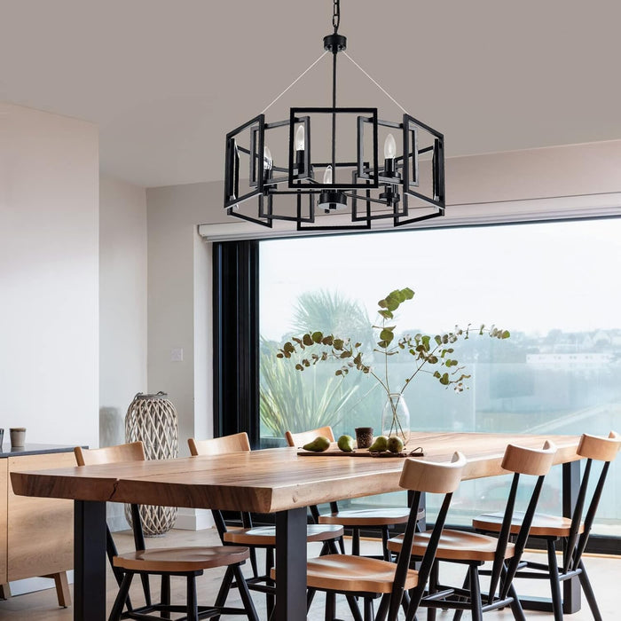 Industrial Style Chandelier, with Matt Black Finish Geometric Shade Pendant Lighting Fixture for Dining Room Living Room Kitchen Island Bedroom 5-Light