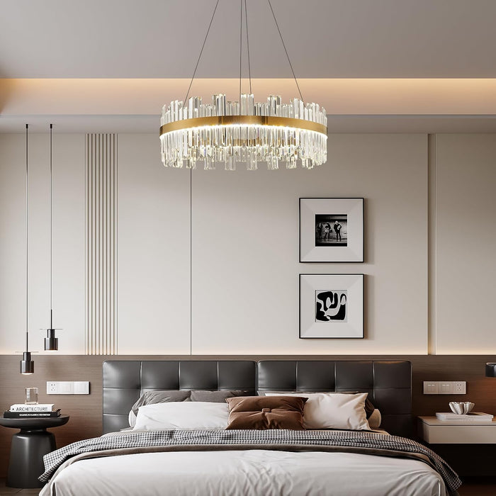 Gold Modern Crystal Led Chandelier,Round Drum Chandelier over Table | 23.6" Dimmable Led Golden Luxury Chandelier,K9 Crystals Height Adjustable Chandelier for Dining Room Living Room Bedroom