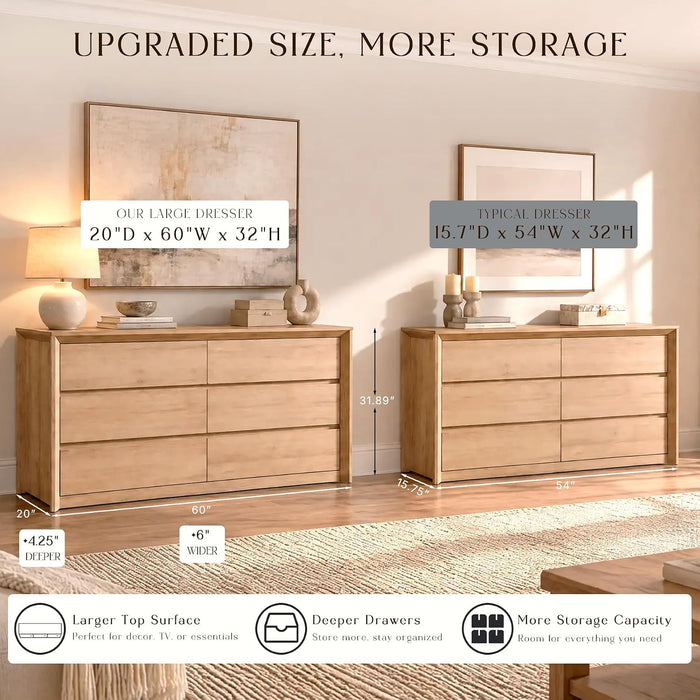 60 Inch 6 Drawer Dresser for Bedroom, 20" Depth for More Storage