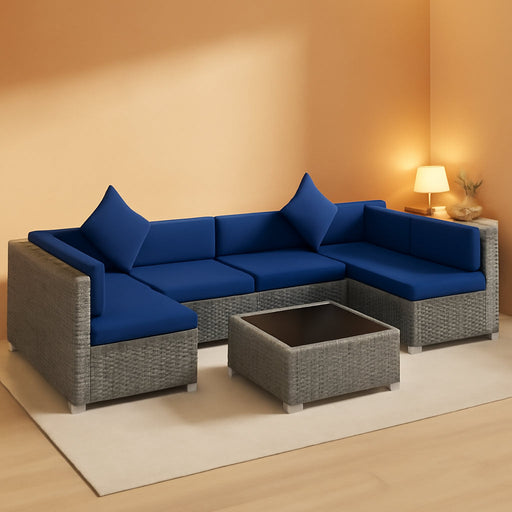 7-Piece Patio Furniture Set, Outdoor Wicker Conversation Set, All Weather PE Rattan Sectional Sofa Set with Cushions and Tempered Glass Top Coffee Table, Pillows, Blue