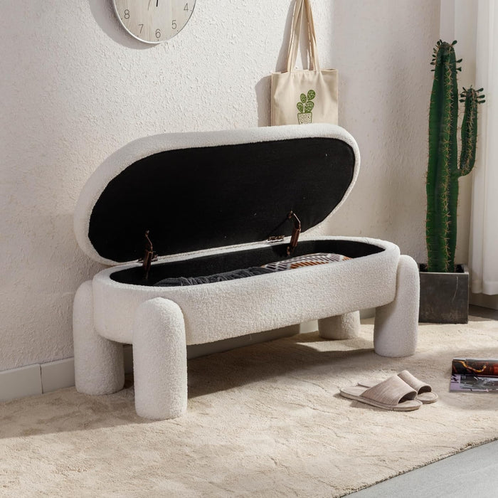 Boucle Storage Ottoman Bench, 44.7 Inches Sherpa Upholstered Storage Bench, End of Bed Bench for Bedroom Entryway Living Room, White