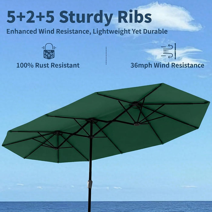15FT Double Sided Patio Umbrella with Base Included Large Outdoor Market Umbrella with Crank Handle, UV Resistant Canopy, Sturdy Frame for Garden, Poolside, Deck, Forest Green