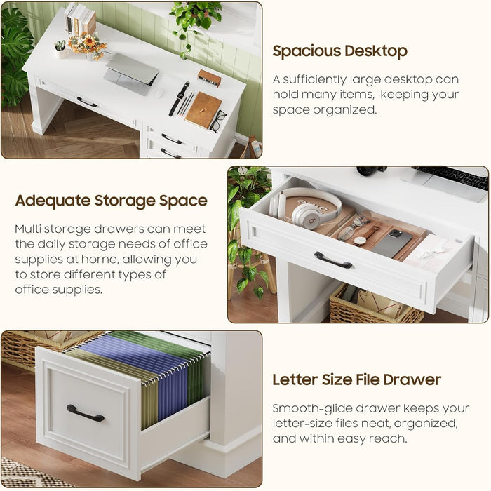 Farmhouse 47" Executive Desk with File Drawer, Computer Desk with 4 Drawers, Workstation for Writing, Study, Home Office, Cream White.
