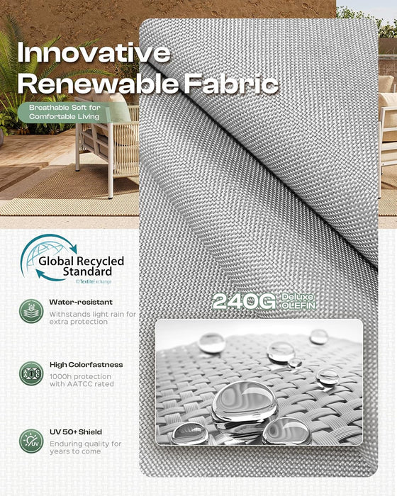 Aluminum Outdoor Patio Furniture Set, HDPE Rope 5 Piece Modern Sectional Conversation Sets with Dual-Layer Coffee Table, All Weather Patio Couch Sofa with Thick Cushions, Silver Frame, Silver