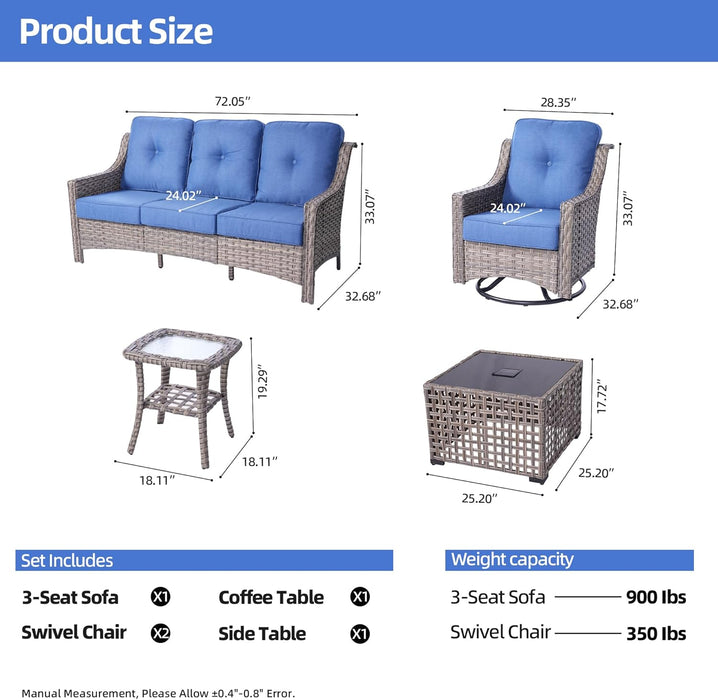 Patio Furniture,All Weather Wicker 5 PCS Outdoor Sofa with High Back Swivel Rocker Chairs,Conversation Set with Solar Powered Coffee Table,Grey Rattan Light Blue Cushion
