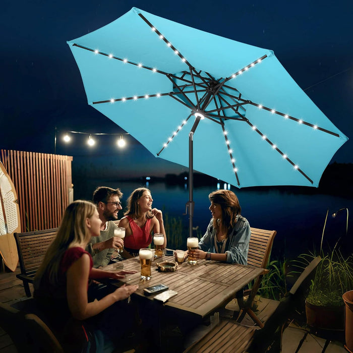 2 Tiers 9Ft Solar Light Patio Umbrella, 40 LED Lights Outdoor Umbrella with Centre Surround Light, Table Market Umbrella for Deck, Pool, Porch, Backyard, Garden (Aqua Blue)