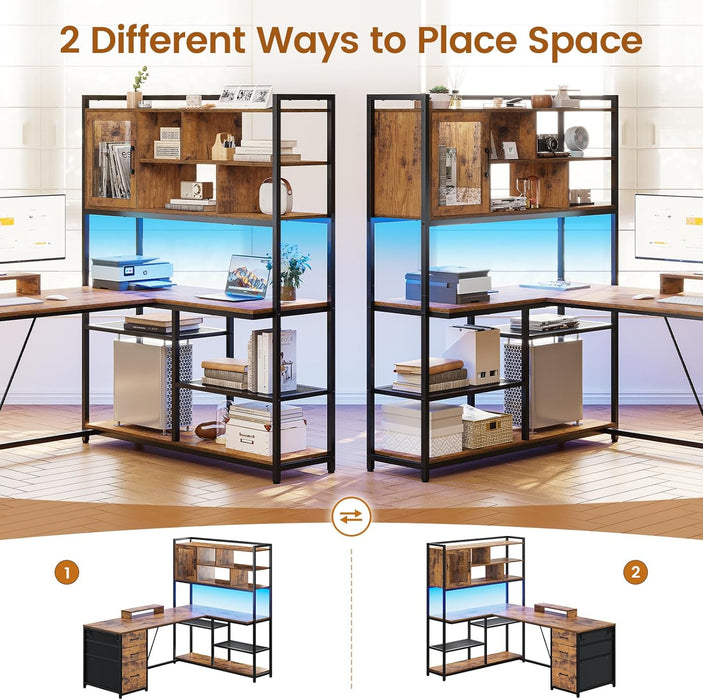 L Shaped Computer Desk, 58'' Office Desk with 3 Drawers and Bookshelf, L Shaped Corner Desk with Storage Shelves and LED Light for Home Office, Gaming Desk, L Desk, Rustic Brown