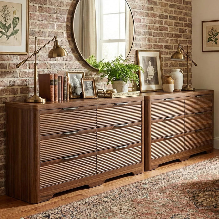 Fluted 6 Drawer Wood Dresser,Farmhouse Chest for Bedroom Entryway,Walnut