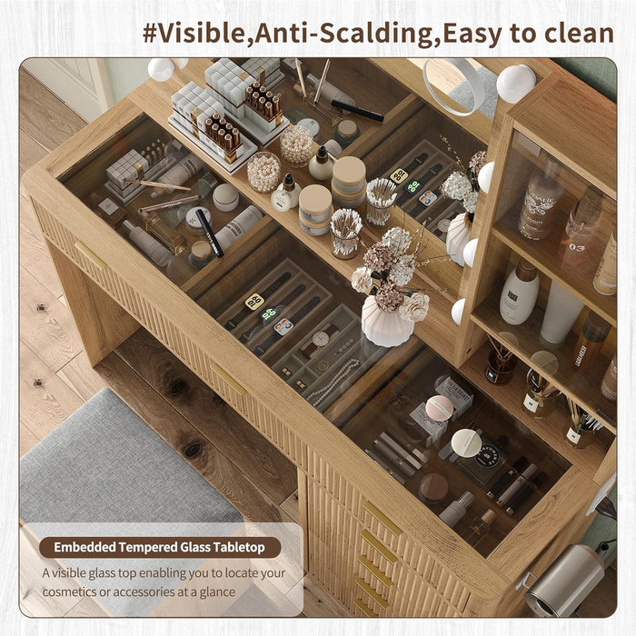 47" Fluted Vanity Desk with Mirror & LED Lights, 7-Drawer Makeup Vanity with Glass Top & Cabinet, Vanity with Chair & Charging Station, 3 Lighting Modes, for Bedroom, Natural Oak