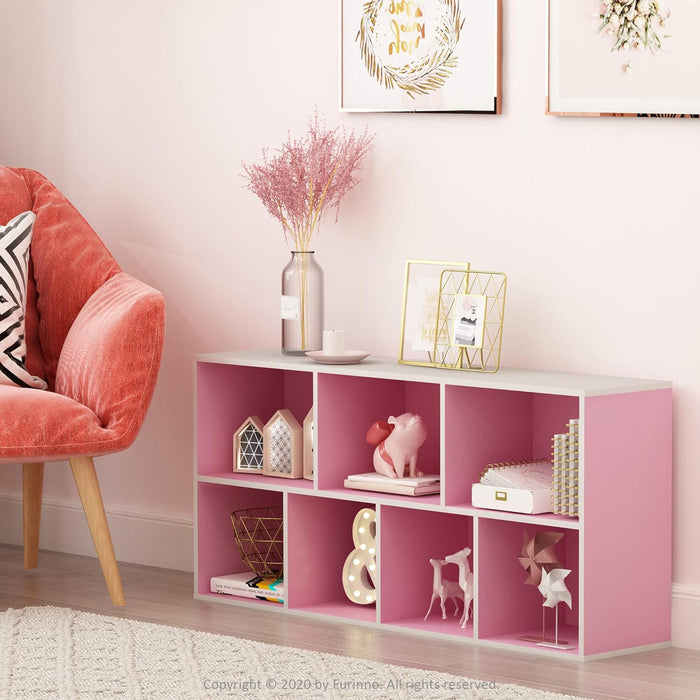 LUDER Book Shelf, 7-Cube Bookshelf, Bookcase, 9.4 X 19.5 X 41.7, for Living Room, Bedroom, Home Office, White/Pink