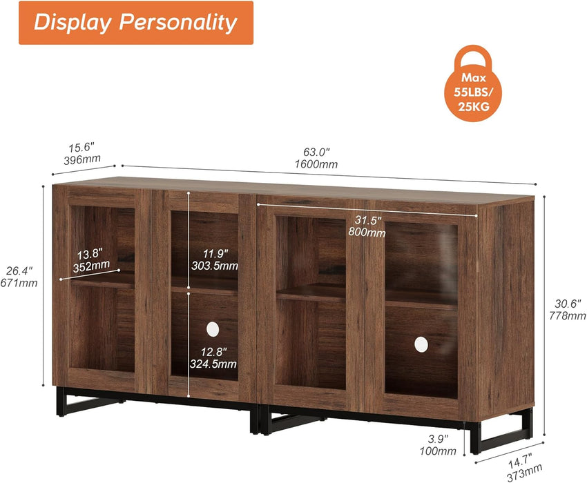 63 Inch TV Stand with Glass Doors for 32-70 Inch Tvs, Modern Entertainment Center TV Console with Adjustable Shelves for Living Room, Bedroom, Brown