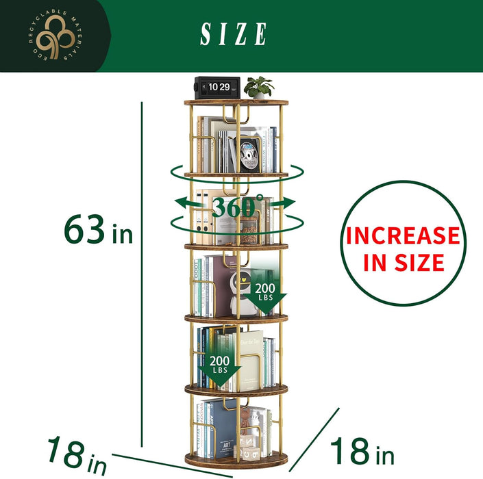 5Tier Rotating Bookshelf, 360 ° Display Stackable Spinning Bookshelf Tower,Round Space Saving Tall Floor Standing Swivel Bookcase Corner Storage Organizer for Bedroom/Living Room/Office，Gold