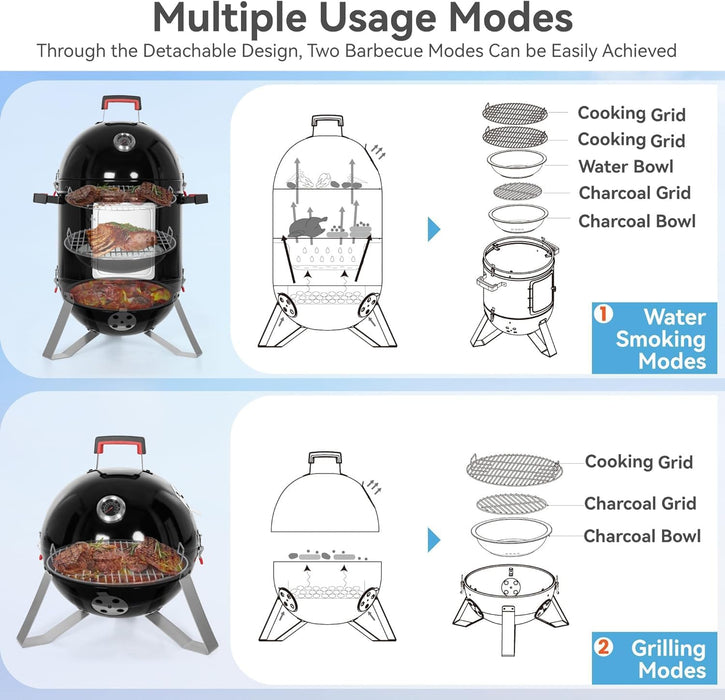18" Vertical Charcoal Smoker Grill Bullet Water Smoker Barbeque Grill, Outdoor BBQ Smokers Portable Meat Smoker Grill for Deck Patio Backyard Balcony Parties