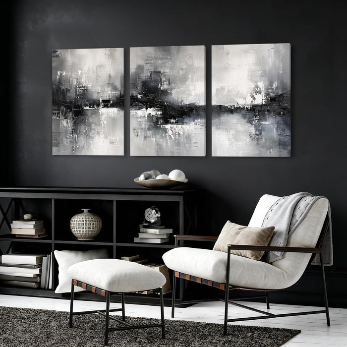 Triptych Abstract Black White Gray Wrapped Canvas Wall Art 16X24 in | Gallery Wrapped Canvas, UV Fade-Resistant Ink, Modern Minimalist, Ready to Hang, Living Room Office Decor, Housewarming Gift