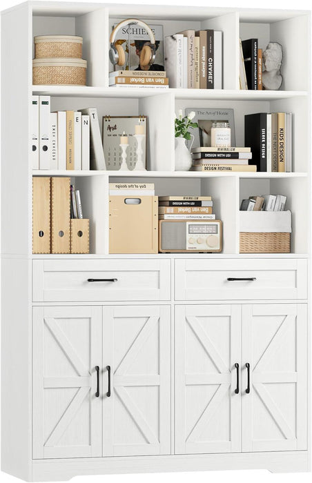 71" Tall Bookcase with Drawers and Doors, 47" Wide Book Shelf and Bookcase with Storage, 6 Tier Large Book Storage Cabinet with 14" Deep Display Shelves for Living Room, Home Office, White