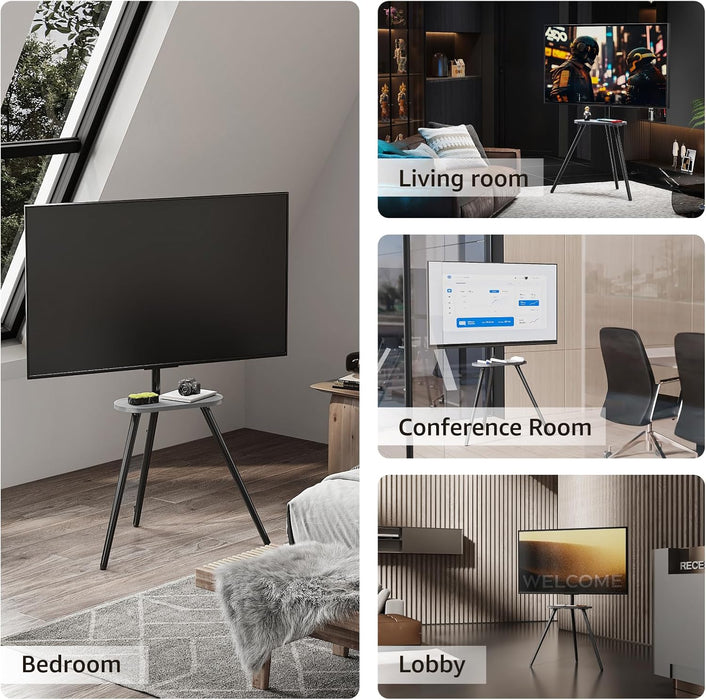 Tripod Easel TV Stand for 43 to 65 Inch LCD Led Screen, Height Adjustable and Swievel TV Stand, Portable TV Floor Stand with Wooden Tray for Bedroom, Living Room, Studio, Metal Black