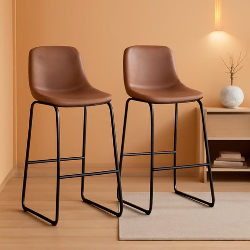 Pu Faux Leather Bar Stools Set of 2, Industrial Pub Barstools with Back and Footrest, Modern Armless Bar Height Stool Chairs (Brown, 30" Barstool X2)