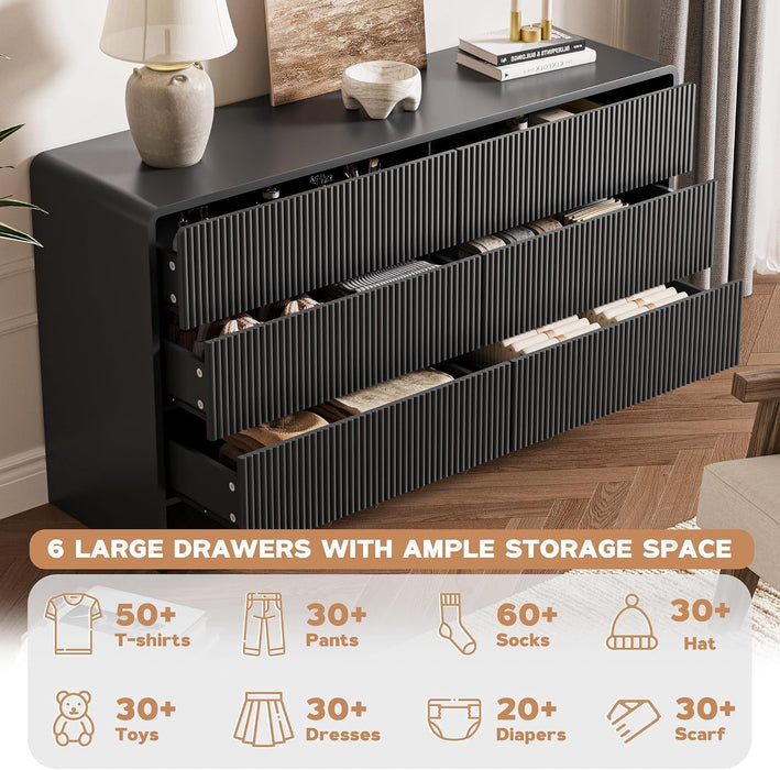 55" Wide Modern Curved 6 Drawer Dresser，Black