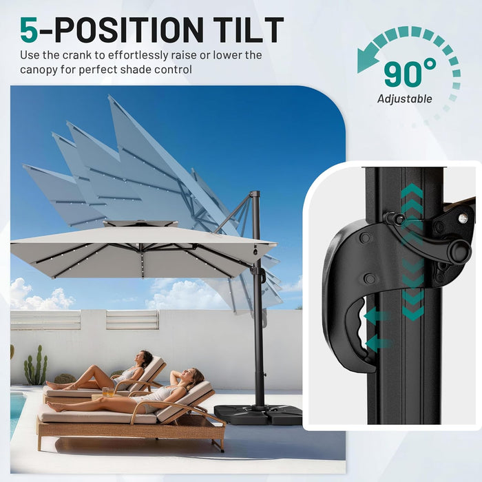 10×10FT Solar LED Cantilever Umbrella with Base Included, Double-Top Outdoor Patio Offset with 360 Degree Rotation, round Offset Hanging Umbrella for Garden Deck Pool, Light Grey