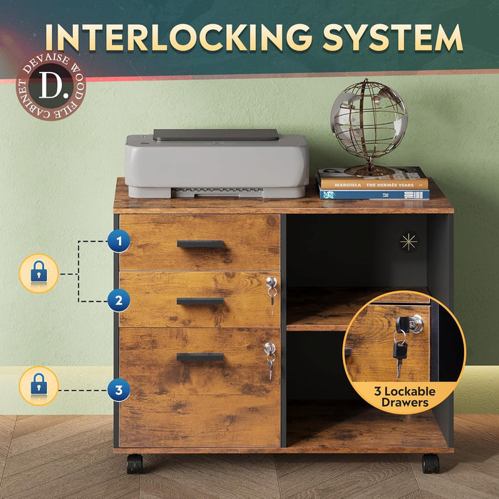 3-Drawer Wood File Cabinet with Lock, Mobile Lateral Filing Cabinet, Printer Stand with Open Storage Shelves for Home Office, Rustic Brown