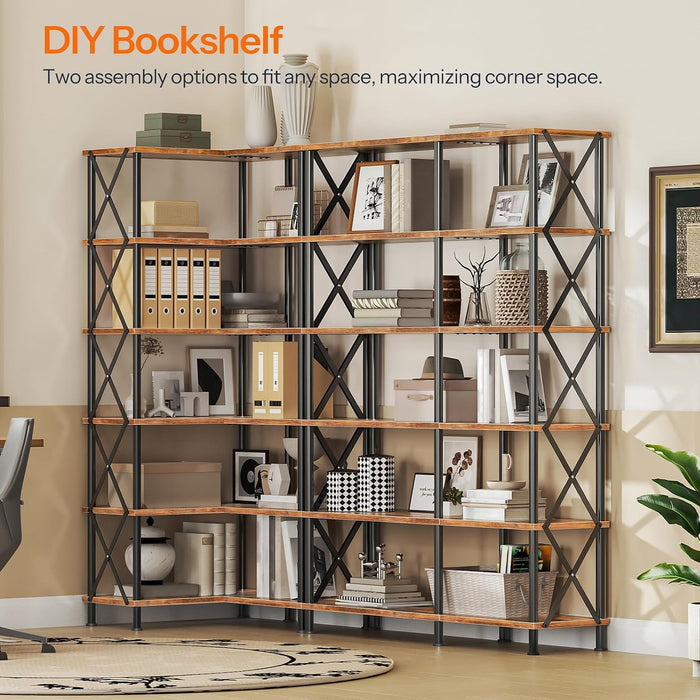 Corner Bookshelf, 6-Tier L-Shaped Bookcase, Industrial Open Display Shelf Tall Storage Organizer, Vertical Storage Rack, for Living Room, Home Office, Rustic Brown and Black BF61SJ01