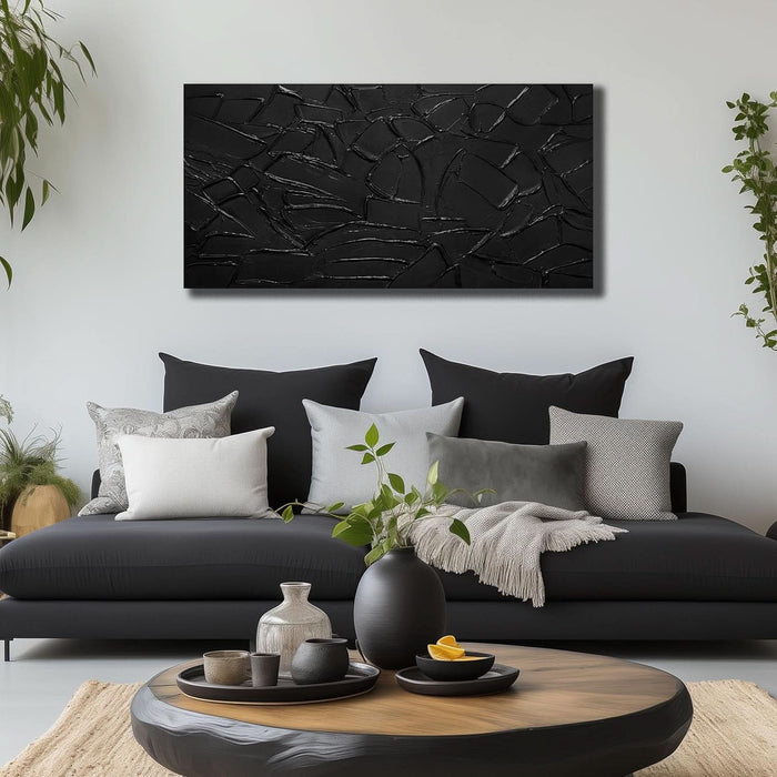 Large Hand Painting 3D Textured Canvas Wall Art for Living Room, Neutral Abstract Black Minimalismt Painting Handmade Picture Artwork Wall-Decor for Bedroom Office, Size 40X20 Inches