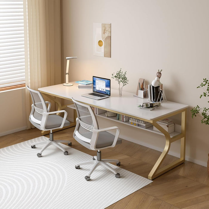 71-Inch Extra Long Desk with Storage Shelf, Gold