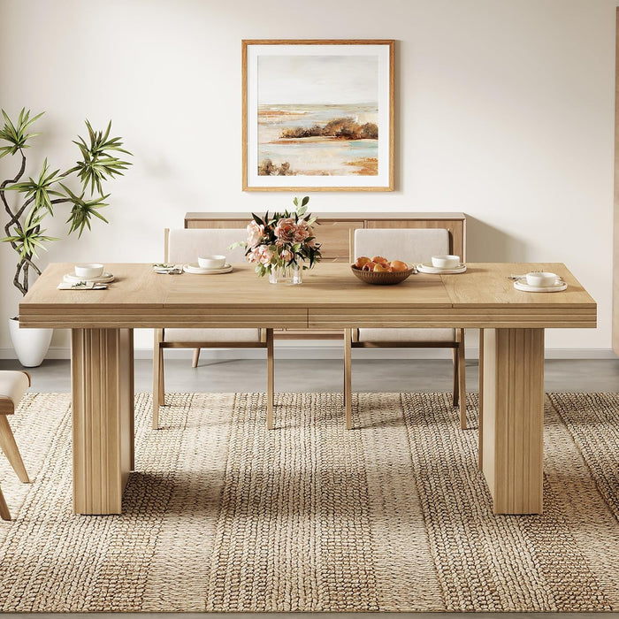 63 Inches Farmhouse Dining Table for 6, Modern Kitchen Table with Fluted Line for Dining Room, Living Room, Natural
