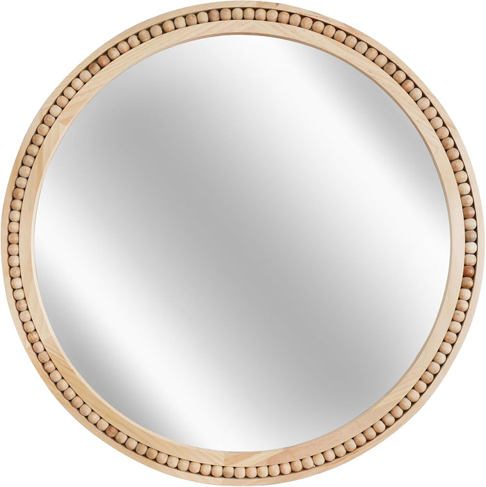 30 Inch round Wall Mirror with Beaded Solid Wood Frame, Decorative Wall Mirror with Tempered Glass, Farmhouse Home Decor for Bathroom, Living Room, Entryway, Natural Wood