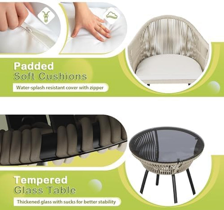 3 Piece Patio Set Outdoor Wicker Patio Chairs with Coffee Table & Cushions Bistro Conversation Set Porch Furniture for Patio, Balcony, Deck, Backyard