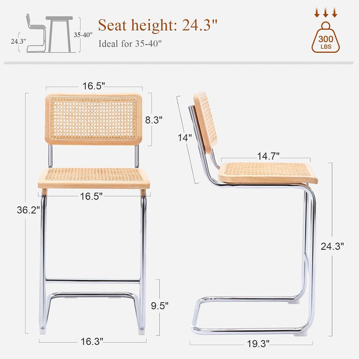 Rattan Bar Stools Set of 4, 24 Inch Modern Counter Stools with Cane Back, Low Back Barstools with Cane Seat, Counter Height Chairs with Metal Legs for Kitchen Island, Yellow