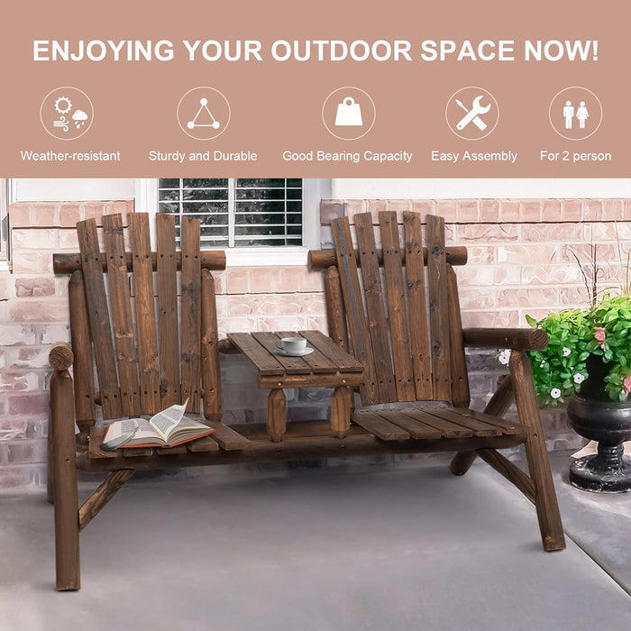 2-Seat Wooden Adirondack Chair, Patio Bench with Table, Outdoor Loveseat Fire Pit Chair for Porch, Backyard, Deck, Carbonized