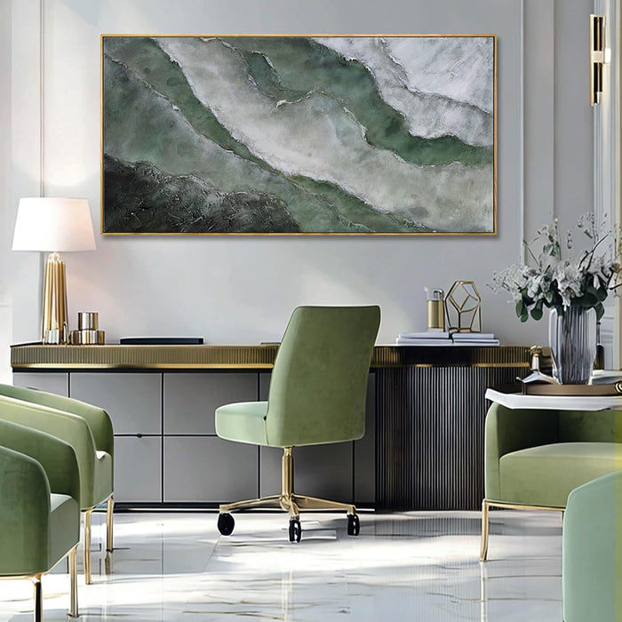 Green and White Textured Landscape Wall Art 24X48 Inch, Large Framed Canvas Artwork with Wood Frame, Abstract Nature Wall Decor for Living Room or Entryway