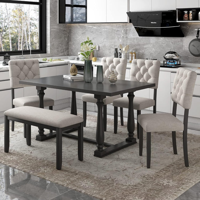 6 Piece Kitchen Dining Table Set, Wooden Rectangular Dining Table with Upholstered Bench and 4 Chairs, Dining Room Table Set for 6 People, Living Room Furniture (Gray, Beige Cushions)
