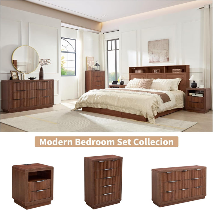Walnut Dresser with 6 Drawers, 44.4" Tall Modern Chest of Drawers with Thickened Curved Profile Design, Wooden Dresser Organizer for Bedroom, Living Room, Hallway