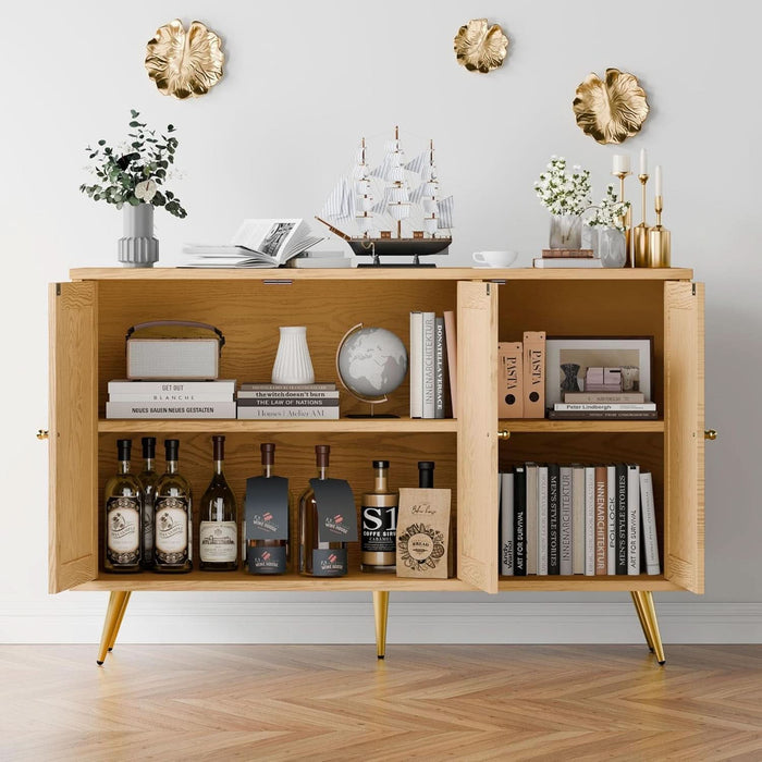 Buffet Cabinet with Set of 2 Storage, Kitchen Storage with 3 Rattan Decorated Doors, Accent Cabinet Sideboard for Dining Room, Living Room, Entryway, Hallway, Natural