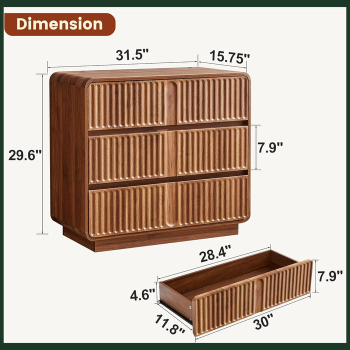 Walnut Fluted 3 Drawer Dresser With StorageCapacity