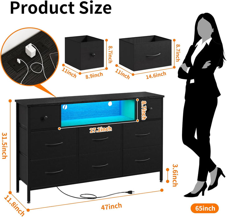 Dresser for Bedroom with Power Outlets and LED Lights, Black 55" TV Stand with 8 Drawers, Fabric Chest of Drawers with PU Finish for Living Room, Entryway