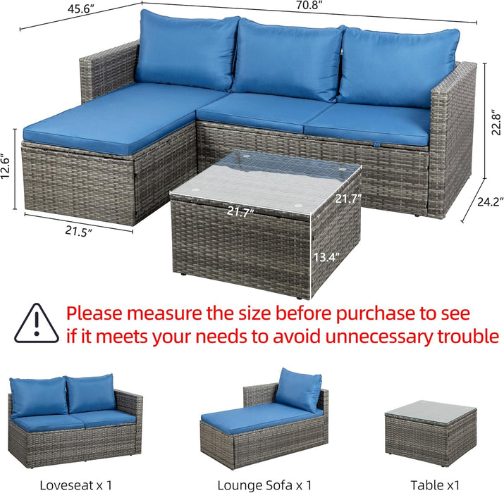 Outdoor Patio Furniture Sets, Small Outdoor Sofa Patio Sectional Sets 3-Piece All Weather Wicker Rattan Patio Seating Sofas with Glass Coffee Table and Cushion (Blue)