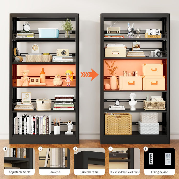 Black Metal Adjustable Bookshelf Five Shelves 71in
