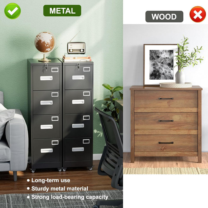 4 Drawer Metal File Cabinet with Lock and Wheels, Black