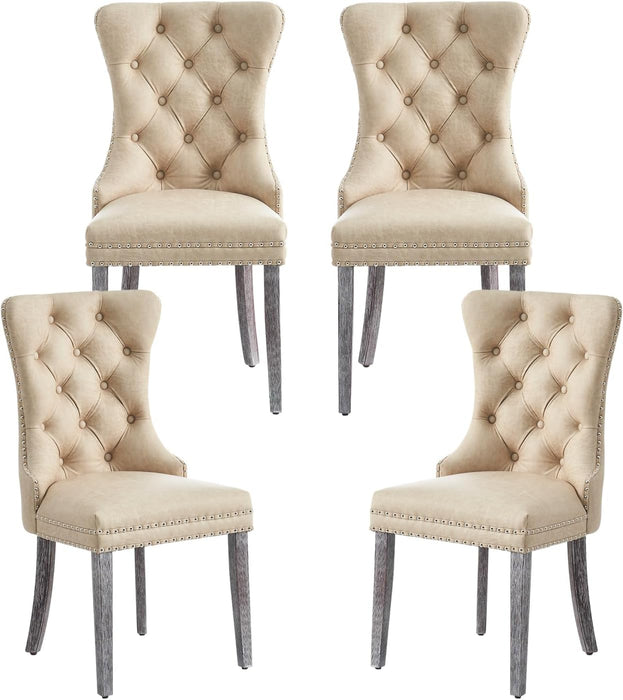 Leather Dining Chairs Set of 4, Upholstered Dining Chair with Nailhead Trim and Solid Wood Legs, Luxury Wingback Dining Side Chair for Living Room, Bedroom, Kitchen (Beige)