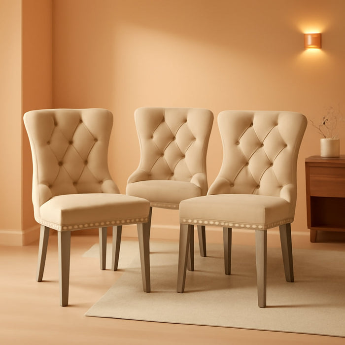 Leather Dining Chairs Set of 4, Upholstered Dining Chair with Nailhead Trim and Solid Wood Legs, Luxury Wingback Dining Side Chair for Living Room, Bedroom, Kitchen (Beige)